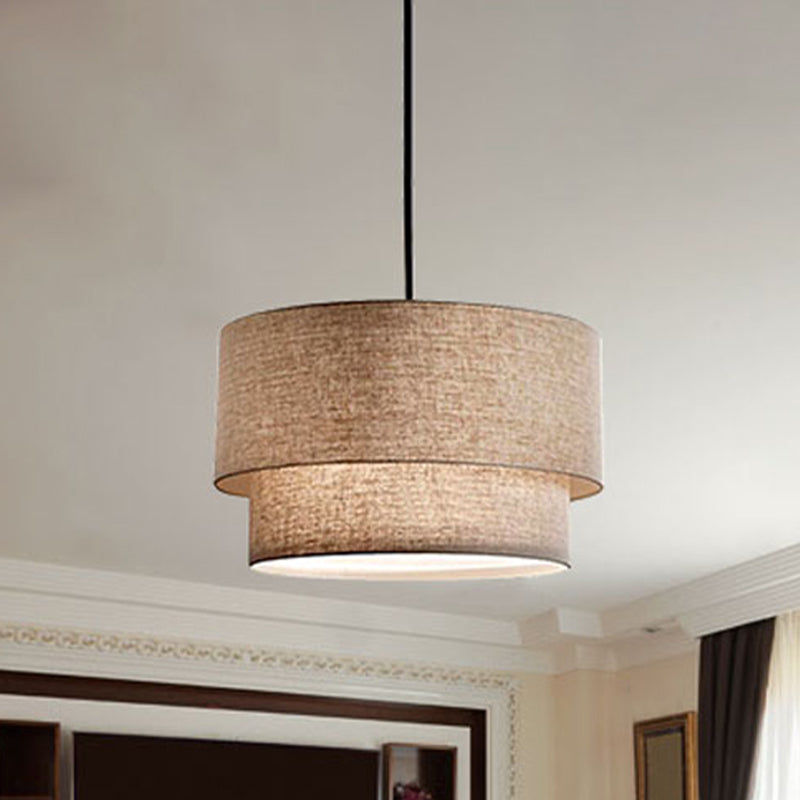 Modern Dual Drum Pendant Ceiling Lamp with Fabric Shade - 1-Head Dinette, White/Flaxen/Black Color Options