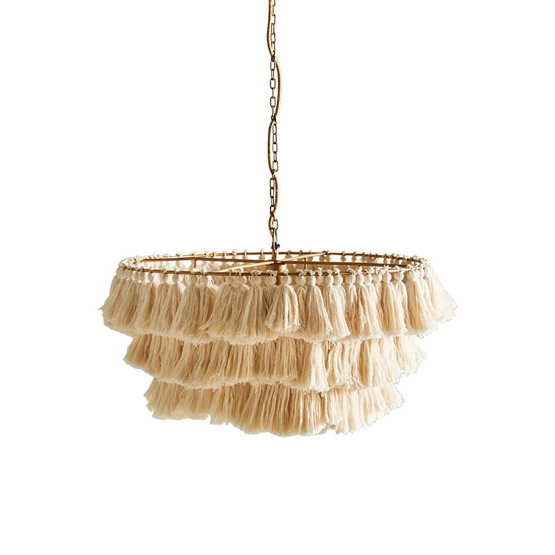Hand-Weaved 3-Tier Fringe Girl's Hanging Lamp: Single Beige Pendant Ceiling Light