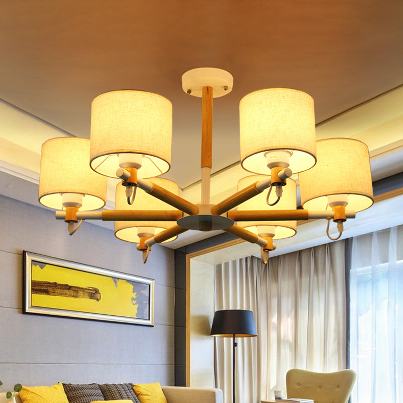 Lustre semi-encastré nordique en bois à 6 têtes avec abat-jour en tissu pour plafond de salon