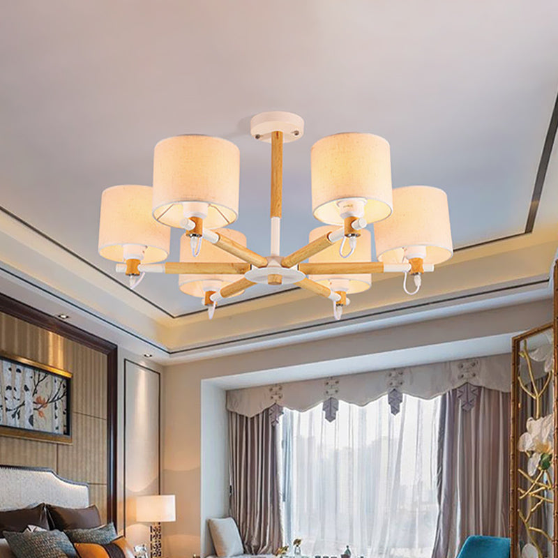 Lustre semi-encastré nordique en bois à 6 têtes avec abat-jour en tissu pour plafond de salon