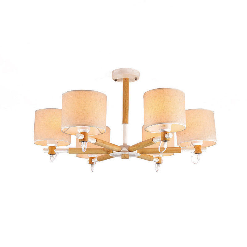 Lustre semi-encastré nordique en bois à 6 têtes avec abat-jour en tissu pour plafond de salon