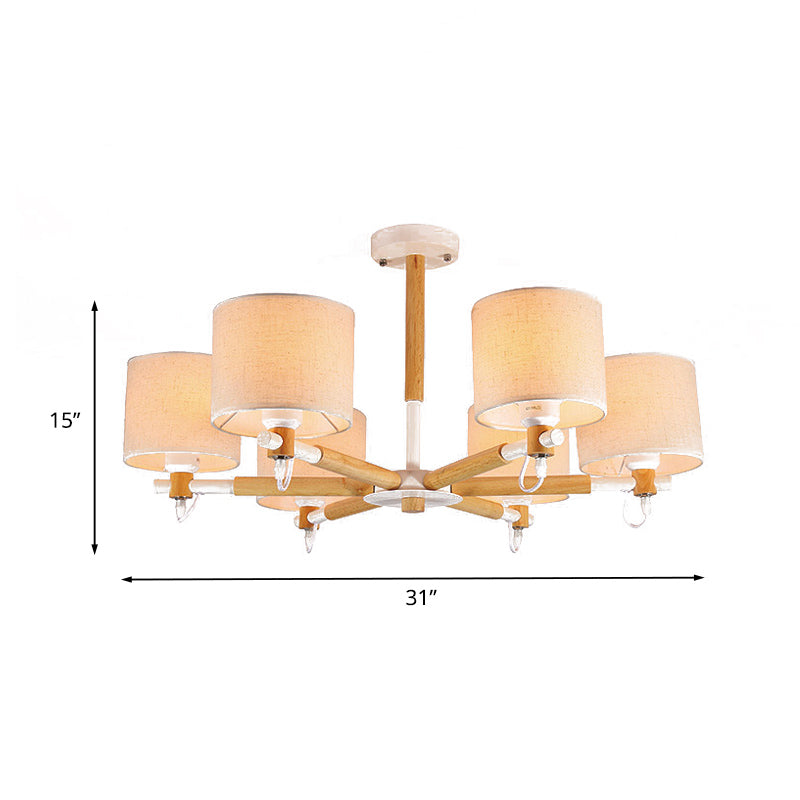 Lustre semi-encastré nordique en bois à 6 têtes avec abat-jour en tissu pour plafond de salon