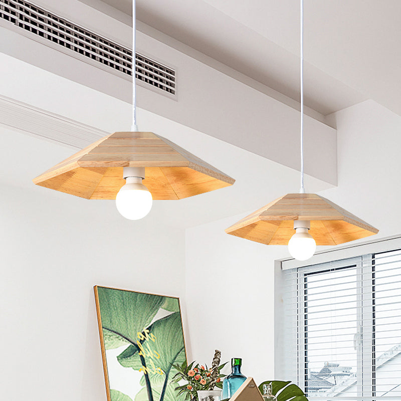 Simple Wooden Flare Pendant Ceiling Light - 1-Light Beige Hanging Lamp Kit