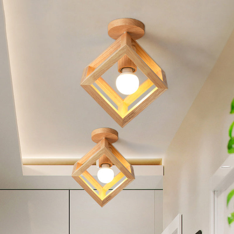 Plafonnier nordique semi-encastré en forme de cage cubique en bois - Beige, luminaire à 1 ampoule pour couloir