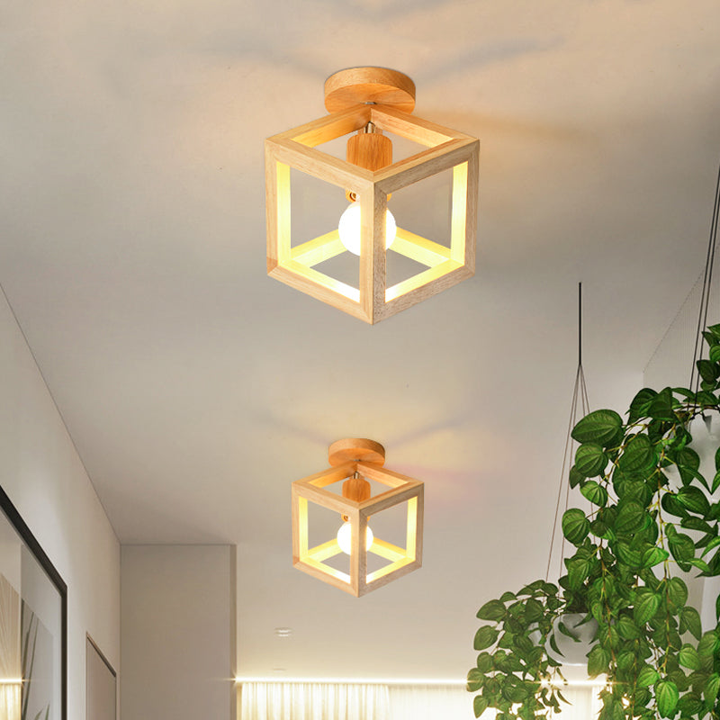 Plafonnier nordique semi-encastré en forme de cage cubique en bois - Beige, luminaire à 1 ampoule pour couloir