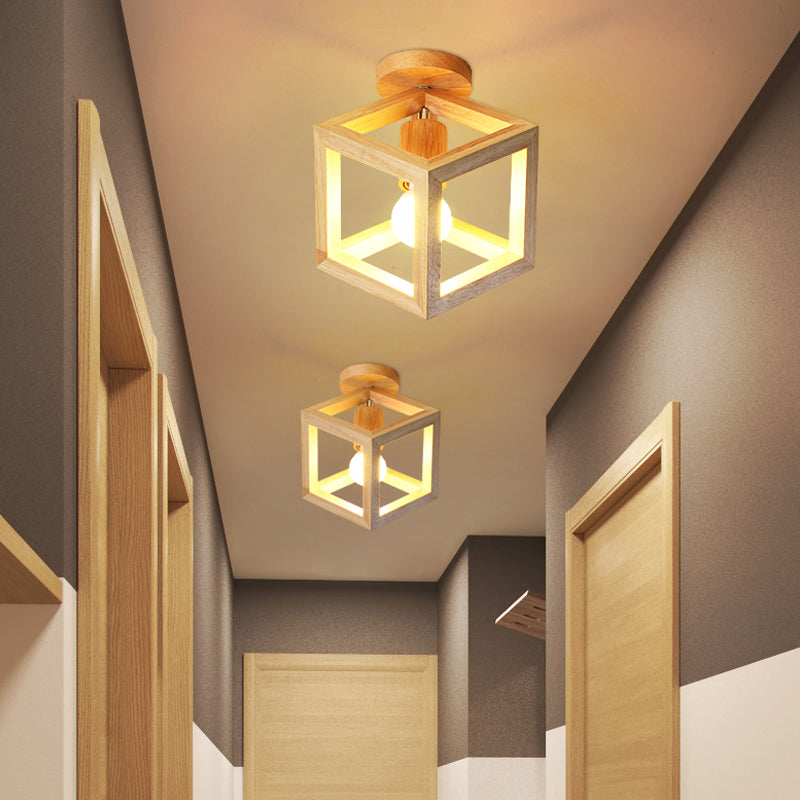 Plafonnier nordique semi-encastré en forme de cage cubique en bois - Beige, luminaire à 1 ampoule pour couloir