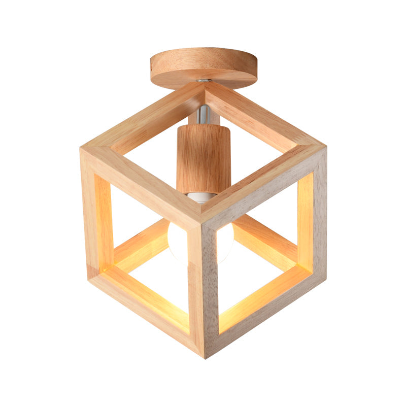 Plafonnier nordique semi-encastré en forme de cage cubique en bois - Beige, luminaire à 1 ampoule pour couloir