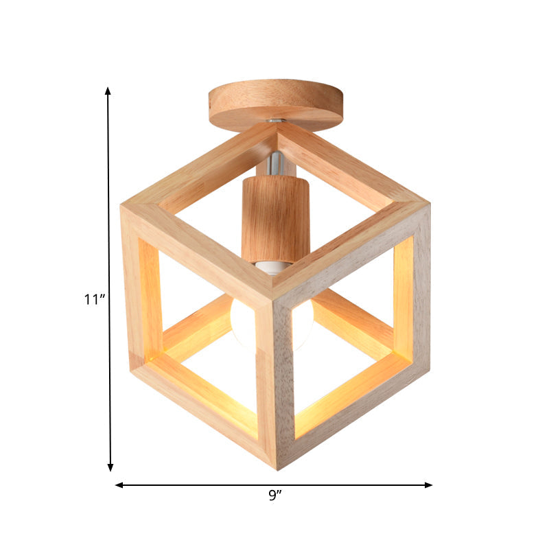 Plafonnier nordique semi-encastré en forme de cage cubique en bois - Beige, luminaire à 1 ampoule pour couloir