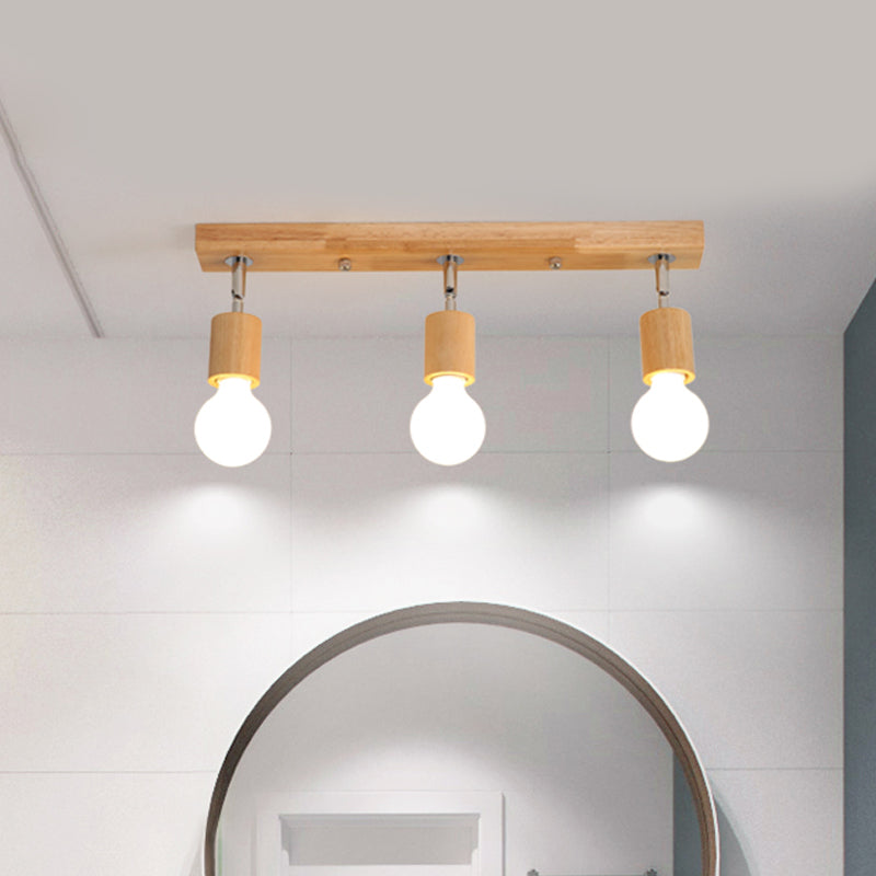 Asian Wood 3-Head Rotatable Flushmount Ceiling Lamp with Bare Bulb Design – Modern & Elegant Bathroom Flush Light Fixture