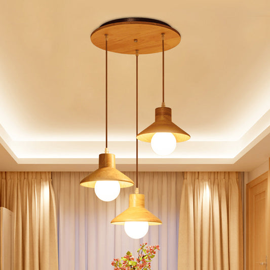 Nordic 3-Bulb Beige Flare Hanging Pendant Light with Natural Wood Finish for Dining Table
