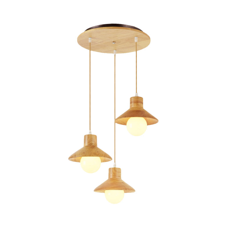 Nordic 3-Bulb Beige Flare Hanging Pendant Light with Natural Wood Finish for Dining Table