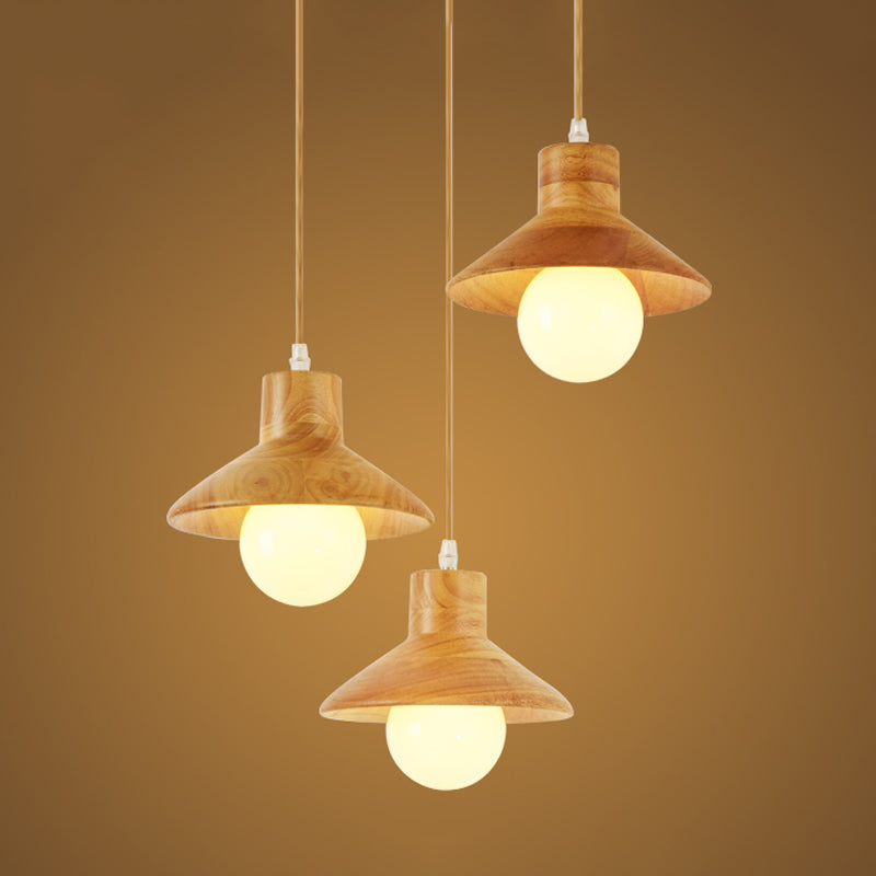 Nordic 3-Bulb Beige Flare Hanging Pendant Light with Natural Wood Finish for Dining Table