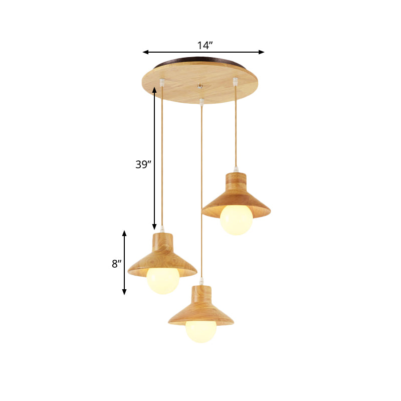 Nordic 3-Bulb Beige Flare Hanging Pendant Light with Natural Wood Finish for Dining Table