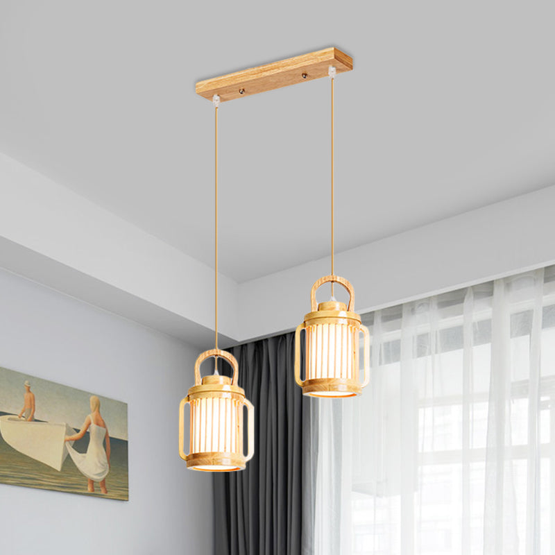 Nordic Beige Water Jug Pendant Light with Wood Shade - 2 Heads Hanging Lamp, Multi-Light Ceiling Lighting