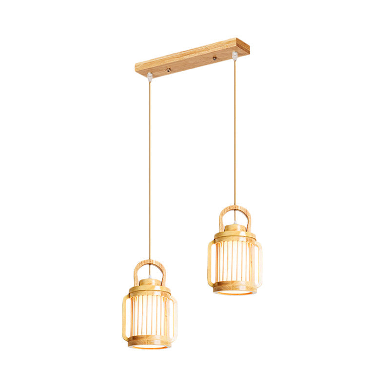 Nordic Beige Water Jug Pendant Light with Wood Shade - 2 Heads Hanging Lamp, Multi-Light Ceiling Lighting