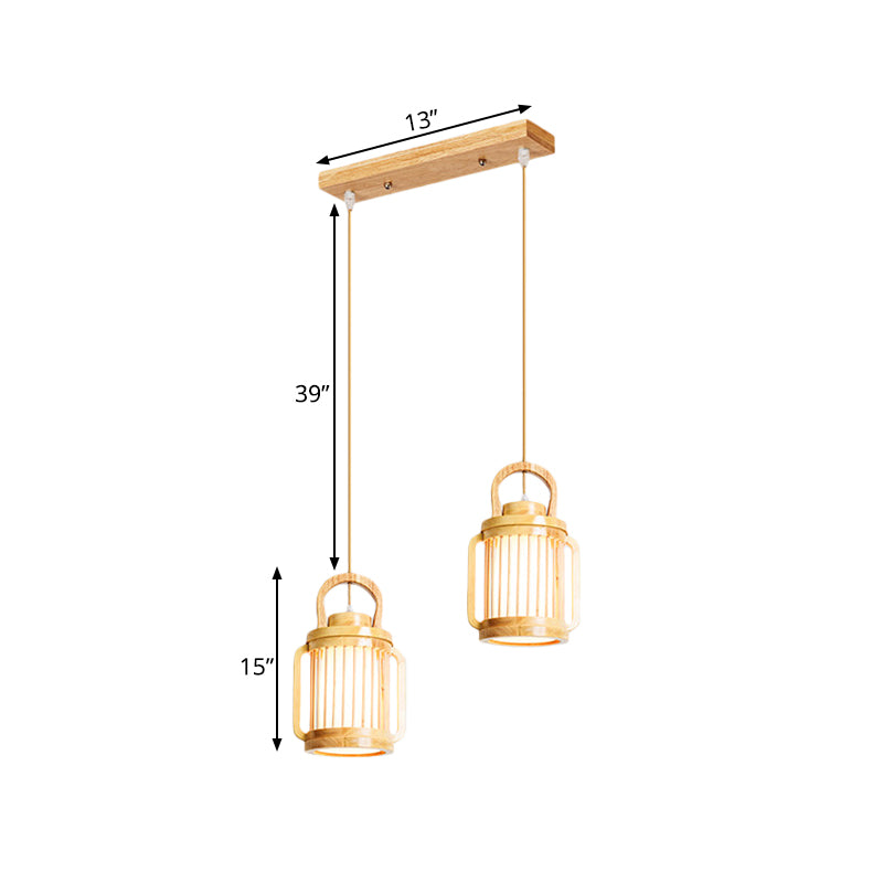 Nordic Beige Water Jug Pendant Light with Wood Shade - 2 Heads Hanging Lamp, Multi-Light Ceiling Lighting