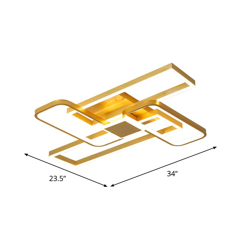 Gold Crisscrossed Rectangle Flush Light Acrylic LED Ceiling Lamp - Modernist Design, 20.5"/34" Wide, Warm/White Light Options