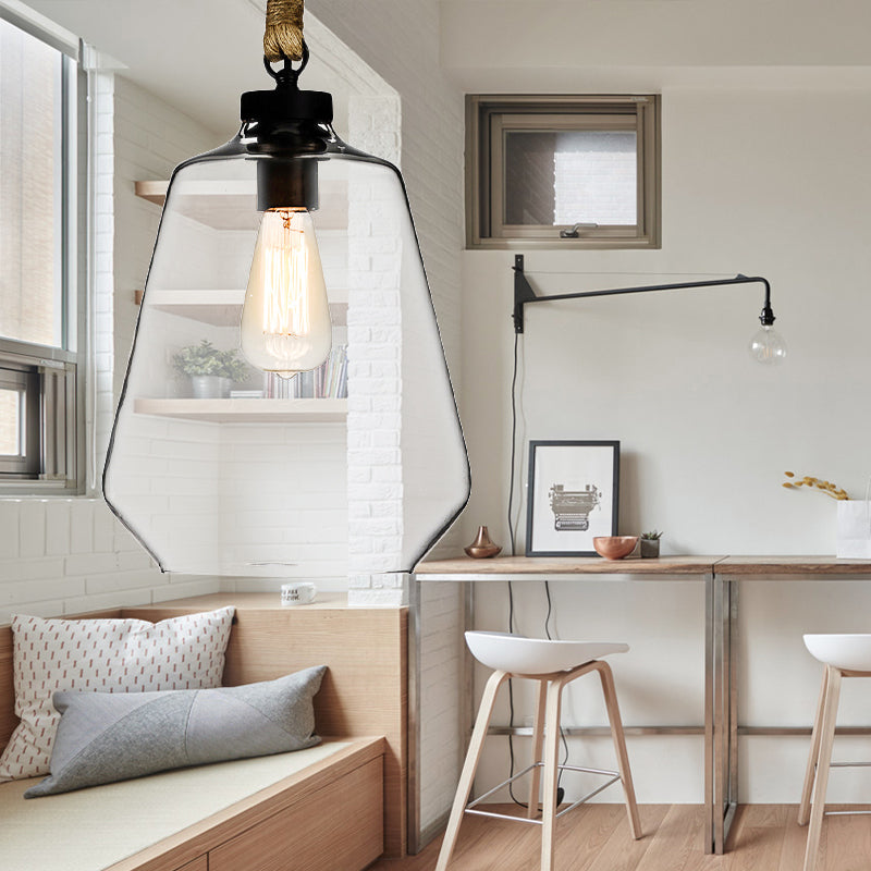 Adjustable Industrial Kitchen Pendant Light with Clear Glass and Rope Suspension