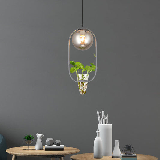 Industrial Smoke Gray Glass Pendant Lamp with Oval Cage and Plant Cup" - One-Bulb Ceiling Light in Black/Grey/Gold.