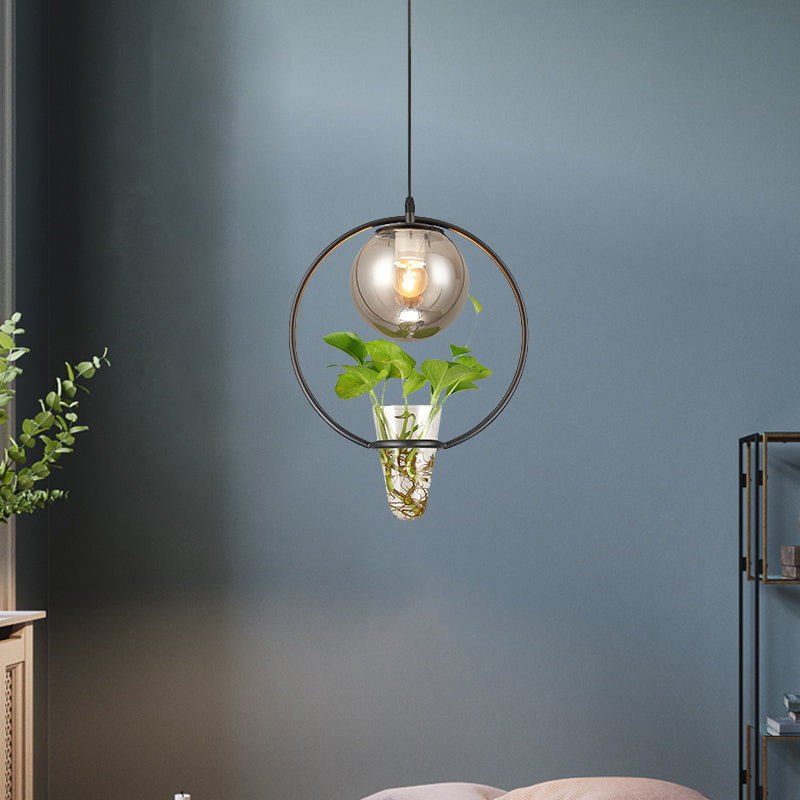 Plafonnier en verre gris fumé pour restaurants et entrepôts avec accents noirs/gris/dorés et anneau en fer
