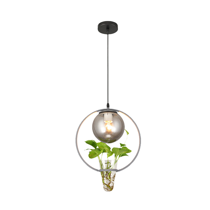 Plafonnier en verre gris fumé pour restaurants et entrepôts avec accents noirs/gris/dorés et anneau en fer