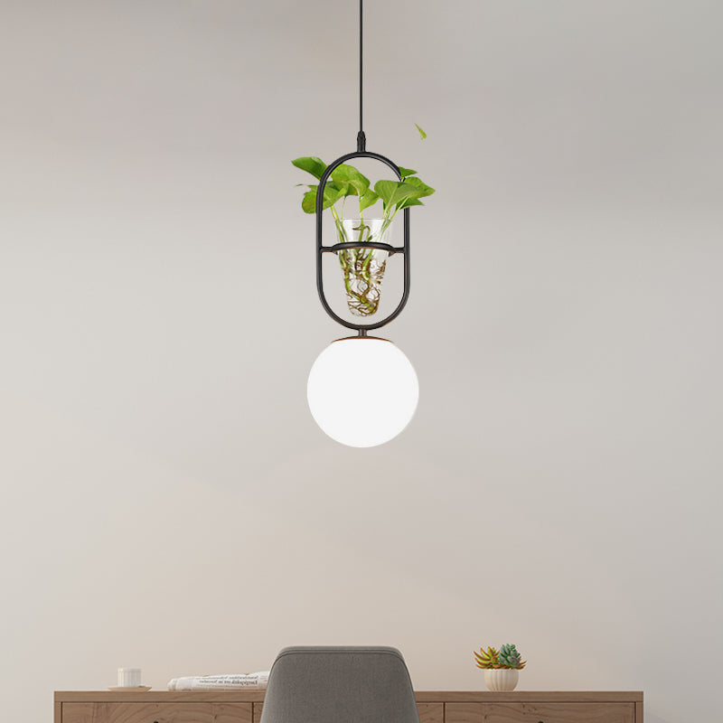 Elegant Elliptical Iron Pendant Lamp with Sphere Cream Glass Shade - Bedroom Hanging Light in Black/Grey/Gold, including Plant Cup