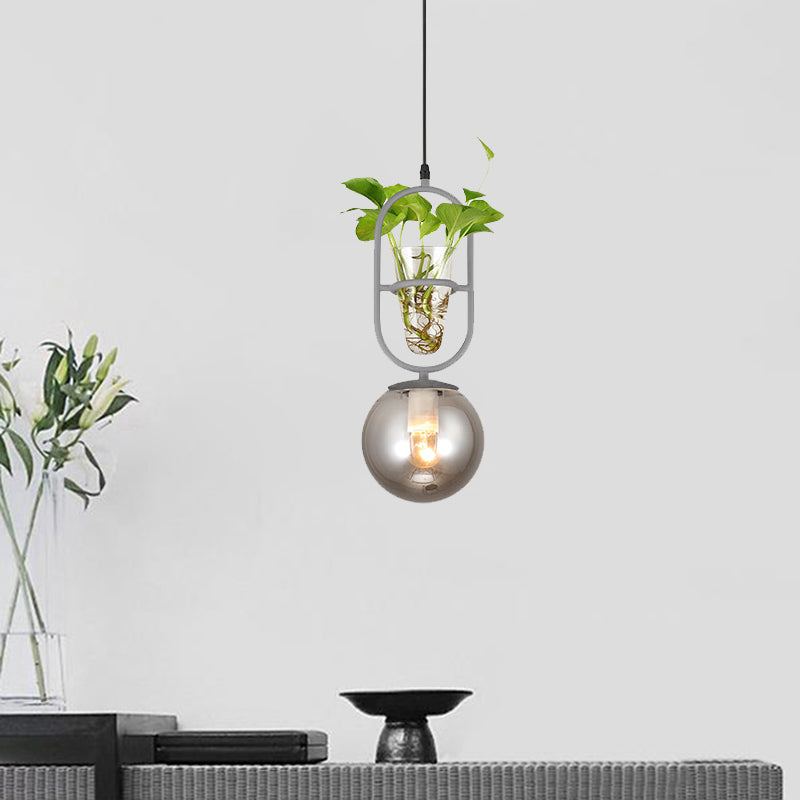 Sleek Opal/Smoke Gray Glass Ceiling Lamp - 1-Head Hanging Light in Black/Grey/Gold with Modern Oblong Frame and Plant Cup