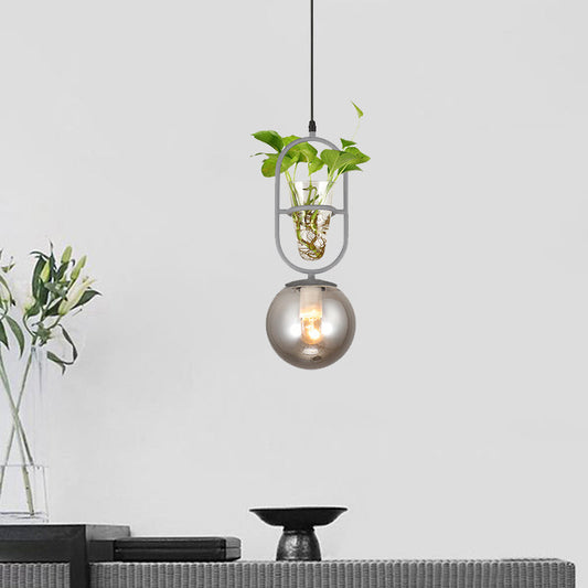 Sleek Opal/Smoke Gray Glass Ceiling Lamp - 1-Head Hanging Light in Black/Grey/Gold with Modern Oblong Frame and Plant Cup