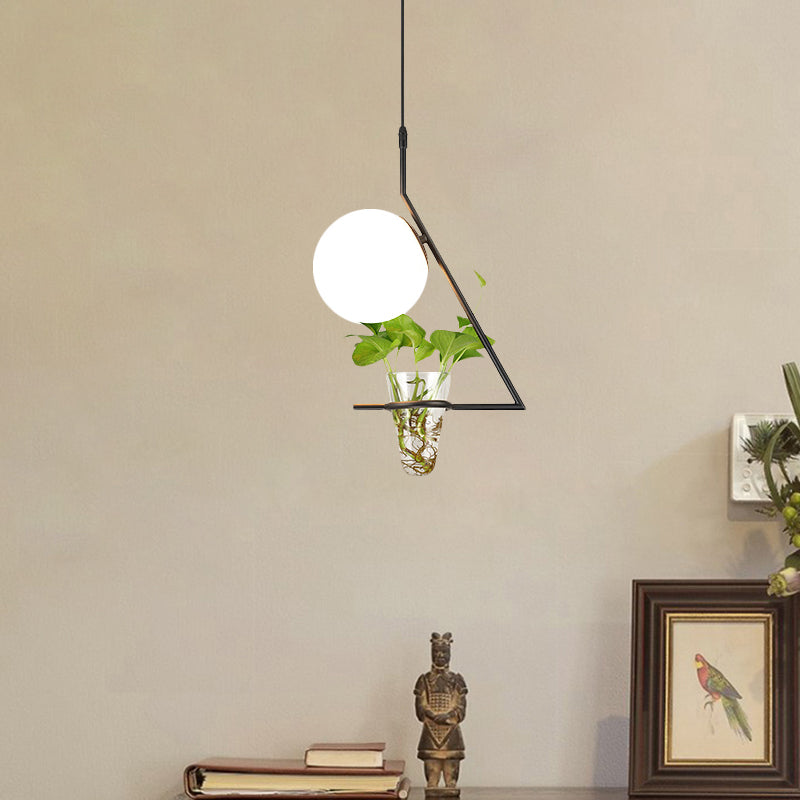Suspension Farmhouse Ball avec abat-jour en verre laiteux - Finition noire/grise/dorée, comprend un pot pour plantes
