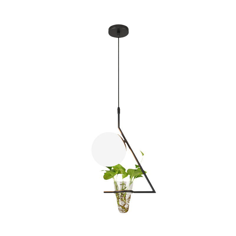 Suspension Farmhouse Ball avec abat-jour en verre laiteux - Finition noire/grise/dorée, comprend un pot pour plantes