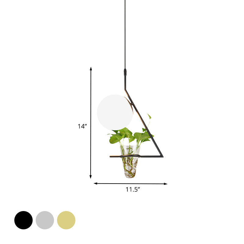 Suspension Farmhouse Ball avec abat-jour en verre laiteux - Finition noire/grise/dorée, comprend un pot pour plantes
