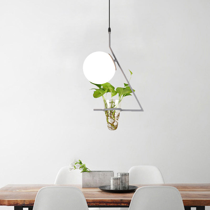 Suspension Farmhouse Ball avec abat-jour en verre laiteux - Finition noire/grise/dorée, comprend un pot pour plantes
