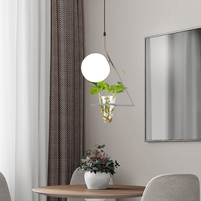 Suspension Farmhouse Ball avec abat-jour en verre laiteux - Finition noire/grise/dorée, comprend un pot pour plantes