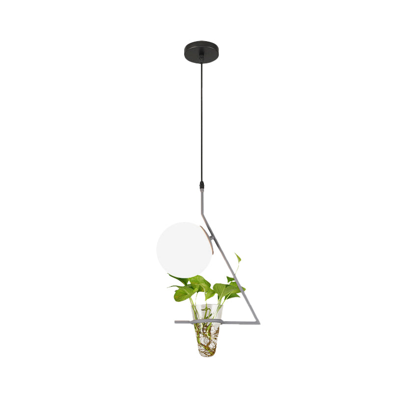 Suspension Farmhouse Ball avec abat-jour en verre laiteux - Finition noire/grise/dorée, comprend un pot pour plantes