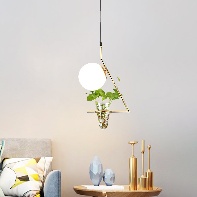 Suspension Farmhouse Ball avec abat-jour en verre laiteux - Finition noire/grise/dorée, comprend un pot pour plantes