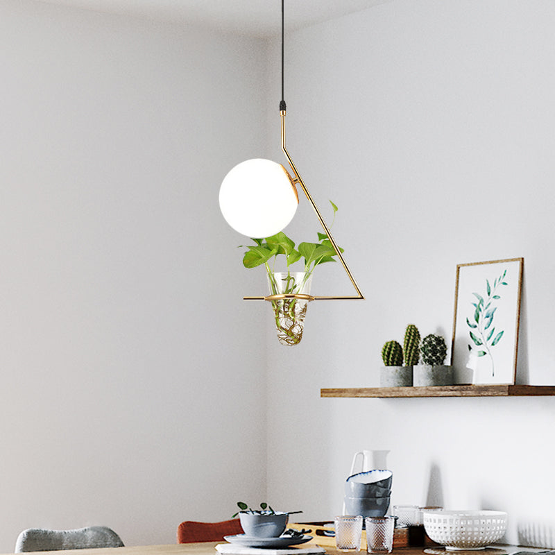 Suspension Farmhouse Ball avec abat-jour en verre laiteux - Finition noire/grise/dorée, comprend un pot pour plantes