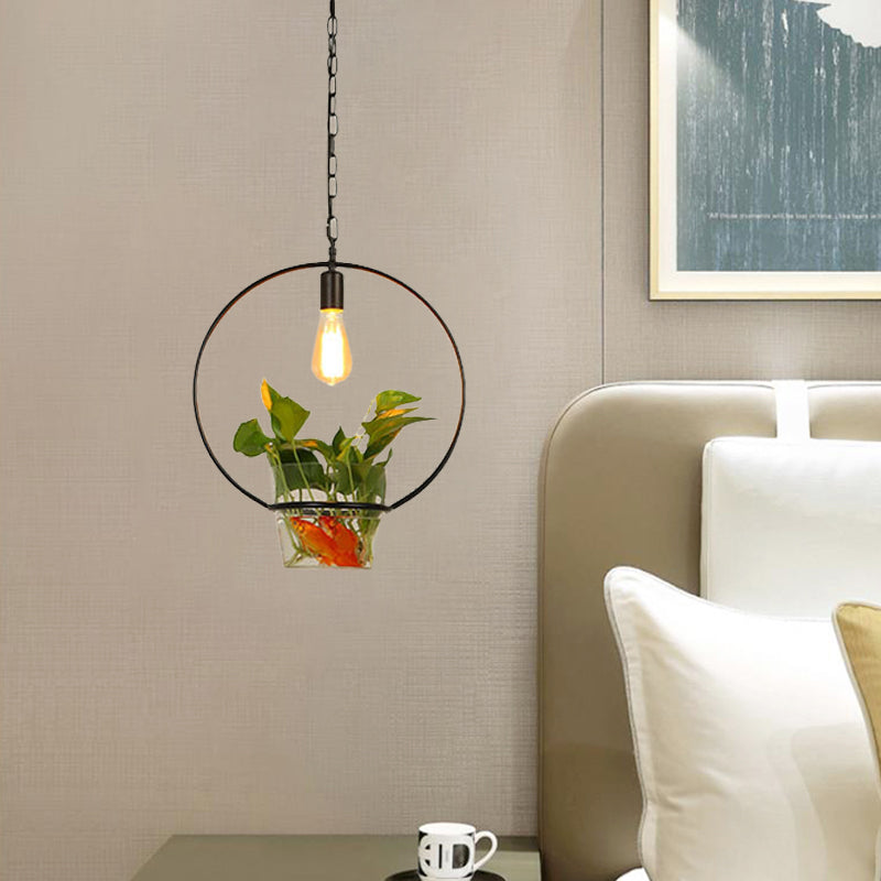 Retro Black 1-Head Pendant Light with Iron Square/Round/Gourd Design for Restaurant Décor