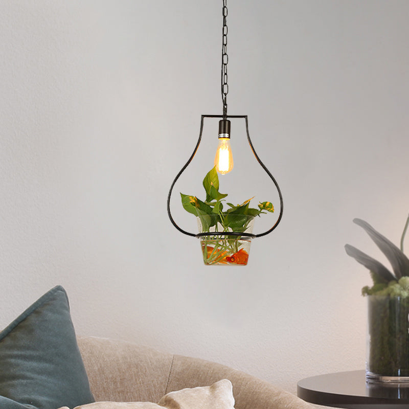 Retro Black 1-Head Pendant Light with Iron Square/Round/Gourd Design for Restaurant Décor