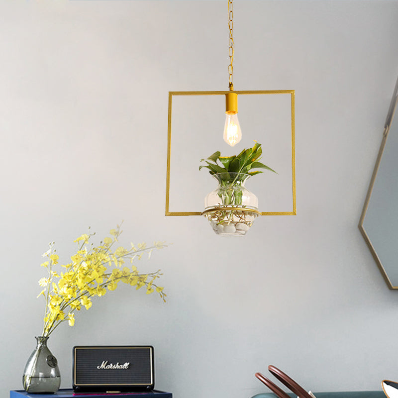 Suspension Vintage Dorée avec 1 Ampoule et Plante en Pot pour Salon
