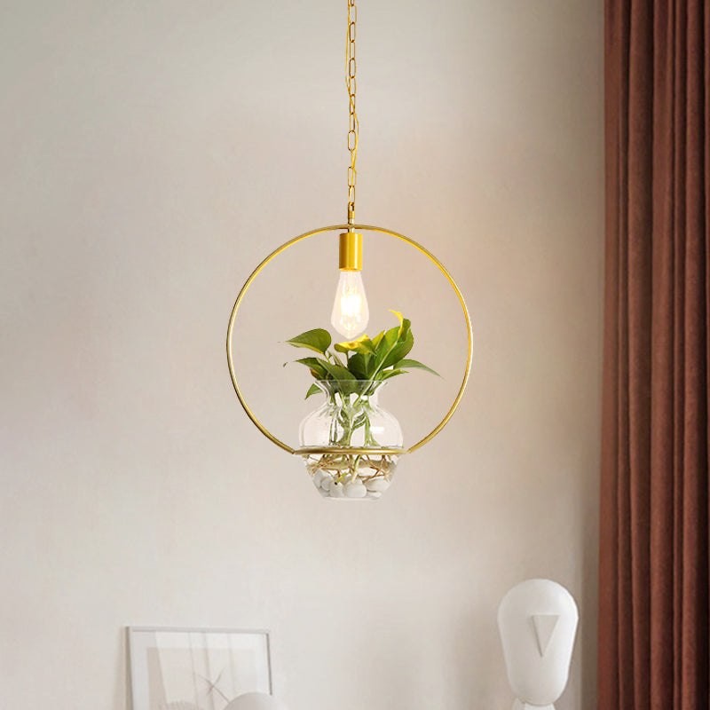 Vintage Iron Pendant Light With Potted Plant Feature In Gold - Perfect For Living Rooms / B