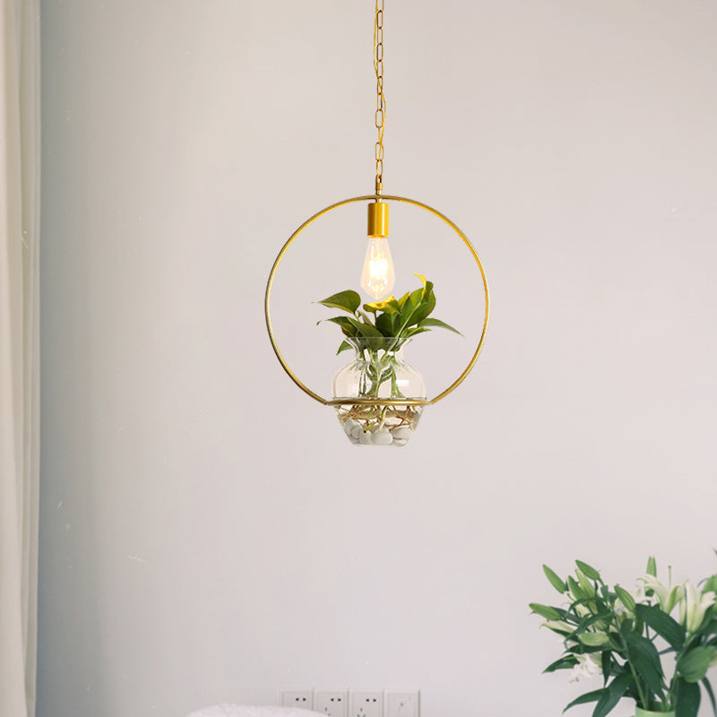 Vintage Iron Pendant Light With Potted Plant Feature In Gold - Perfect For Living Rooms