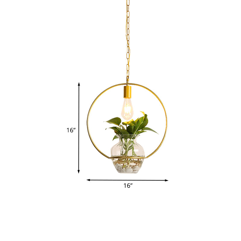 Vintage Iron Pendant Light With Potted Plant Feature In Gold - Perfect For Living Rooms