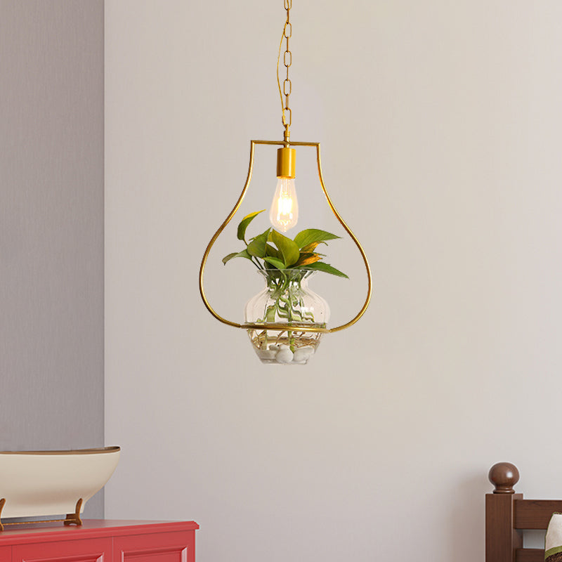 Vintage Iron Pendant Light With Potted Plant Feature In Gold - Perfect For Living Rooms / C