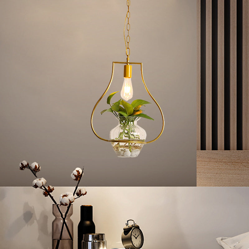 Suspension Vintage Dorée avec 1 Ampoule et Plante en Pot pour Salon