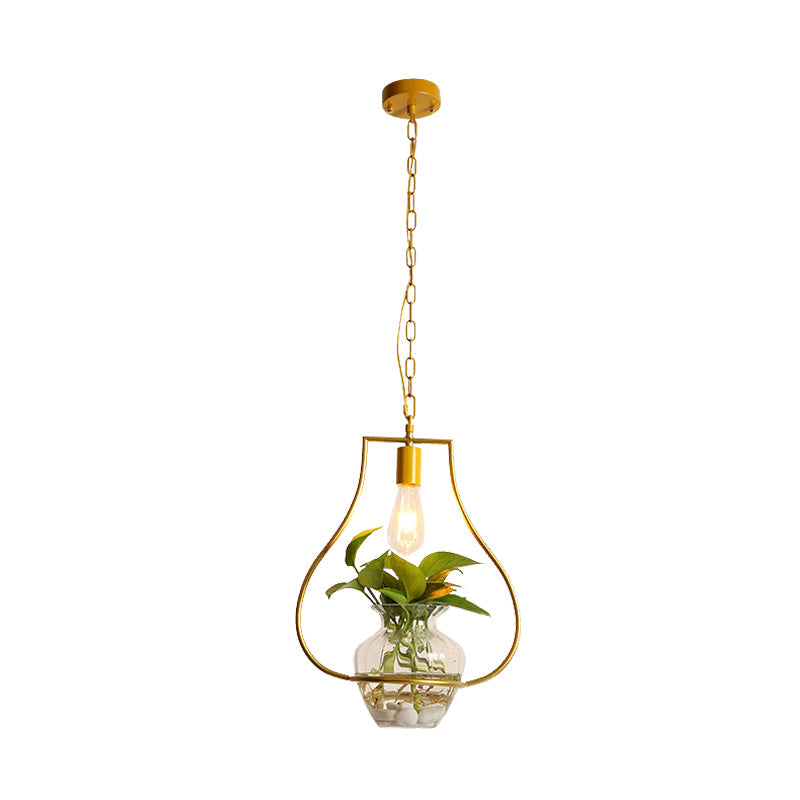 Vintage Iron Pendant Light With Potted Plant Feature In Gold - Perfect For Living Rooms