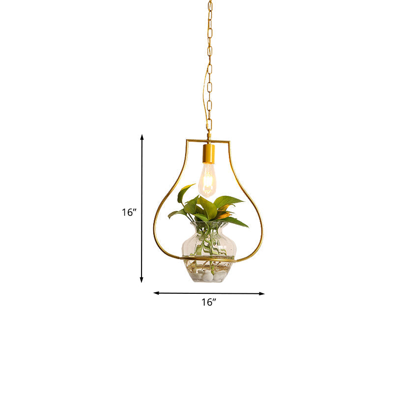 Vintage Iron Pendant Light With Potted Plant Feature In Gold - Perfect For Living Rooms