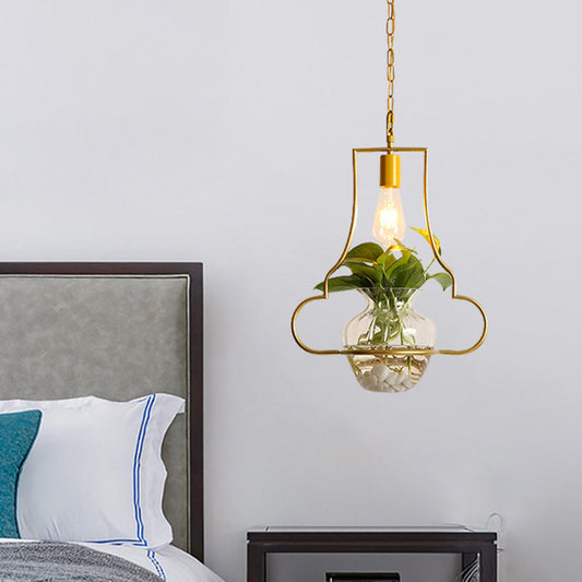 Golden Vintage Pendant Light with 1 Bulb and Potted Plant for Living Room