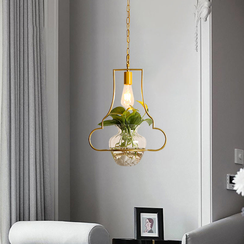 Suspension Vintage Dorée avec 1 Ampoule et Plante en Pot pour Salon