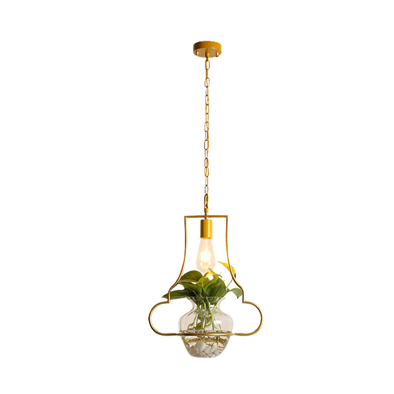 Suspension Vintage Dorée avec 1 Ampoule et Plante en Pot pour Salon
