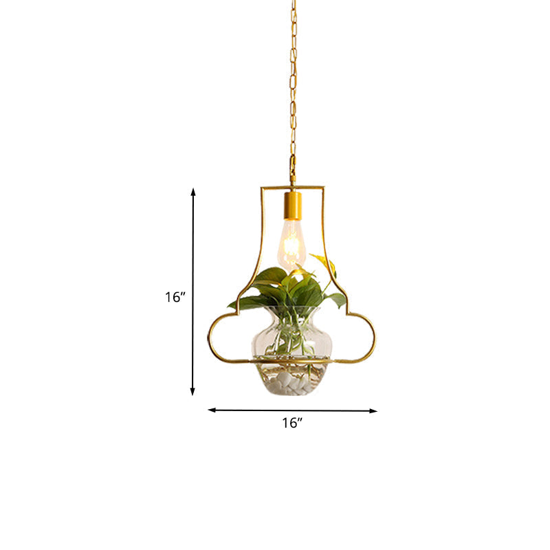 Vintage Iron Pendant Light With Potted Plant Feature In Gold - Perfect For Living Rooms